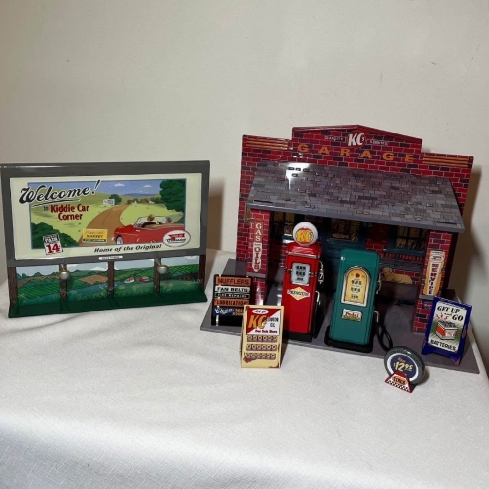 NEW Hallmark Kiddie Car Classics Collectible Garage + billboard Signs Gas pumps